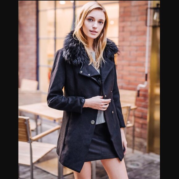 NWT Genuine Raccoon Fur Collar Wool Black Coat Raccoon Fur Removable - Picture 2 of 12